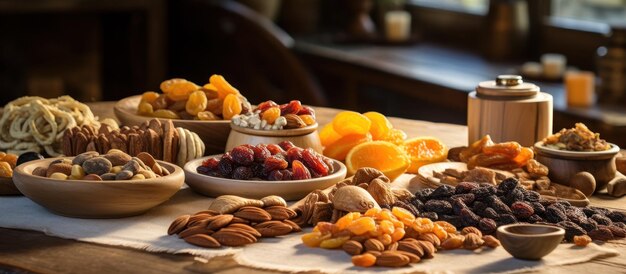 Assorted dried fruits and nuts arranged on a kitchen table providing copy space