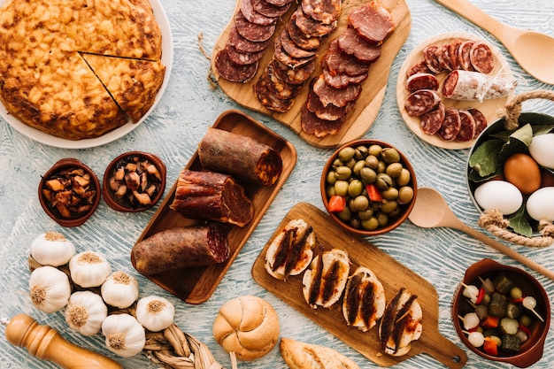 Free photo assorted food on patterned tabletop