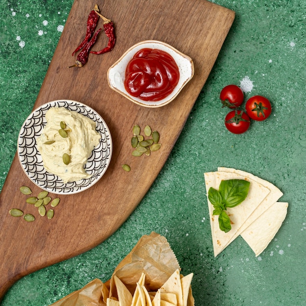 Assorted homemade dips for tortilla