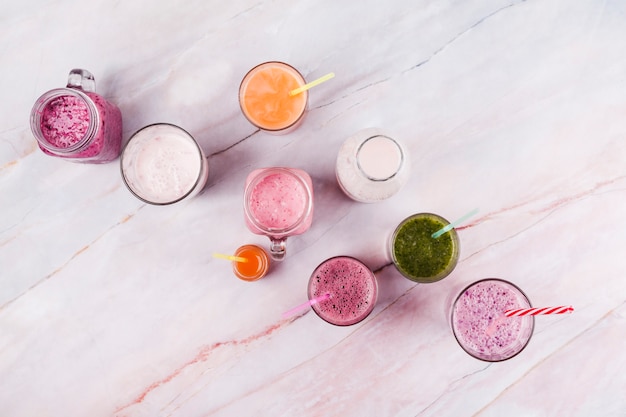 Assorted refreshing drinks on table