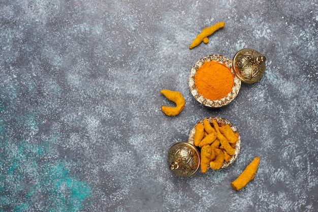 Assorted spices on kitchen table