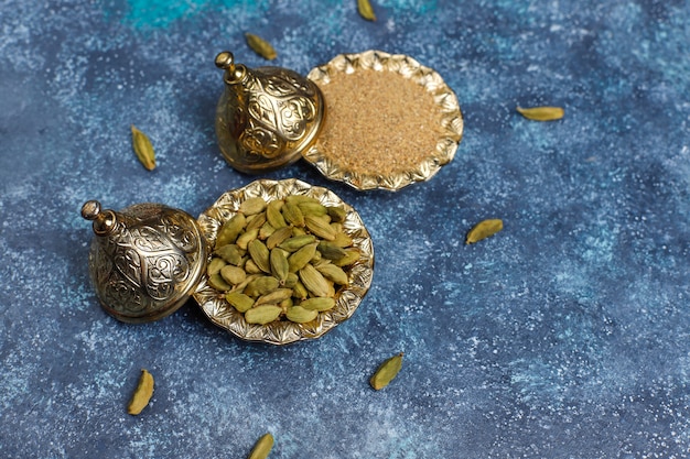 Assorted spices on kitchen table