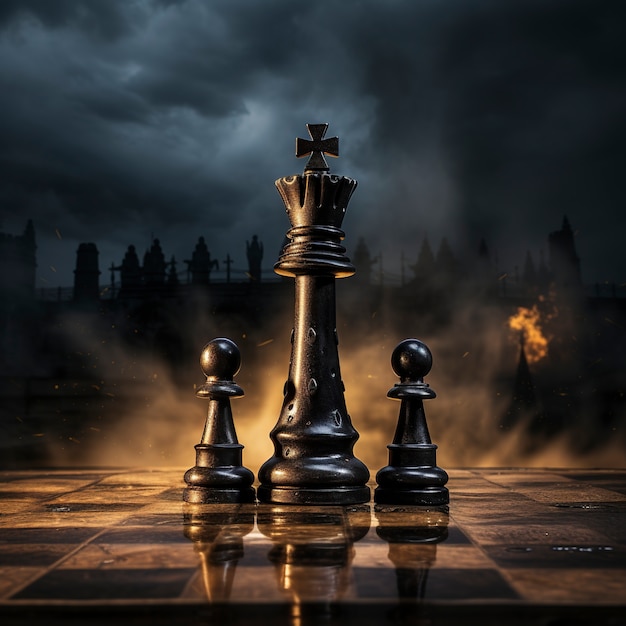 Assortment of chess pieces with dramatic scenery