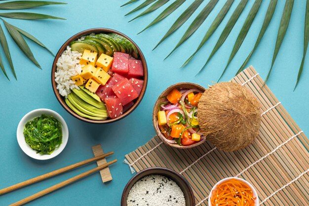 Assortment of delicious poke bowl