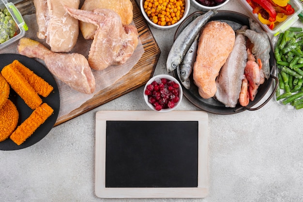 Assortment of frozen food on the table