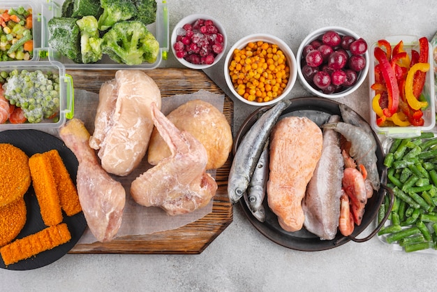 Assortment of frozen food on the table