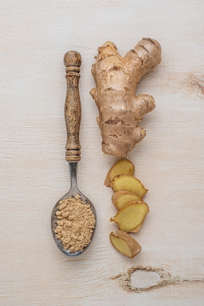 Assortment of ginger on wooden table