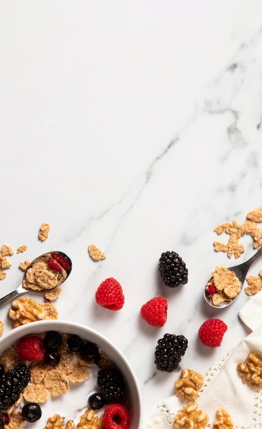 Assortment of healthy bowl cereals with copy space