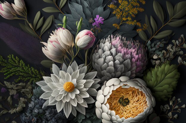 Assortment of leaves and flowers on dark background