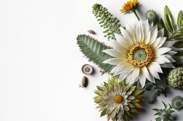 Assortment of leaves and flowers on white background