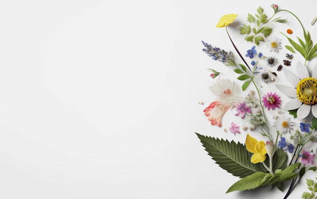 Assortment of leaves and flowers on white background