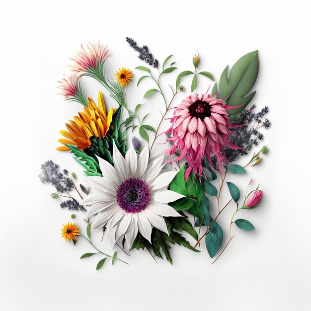 Assortment of leaves and flowers on white background