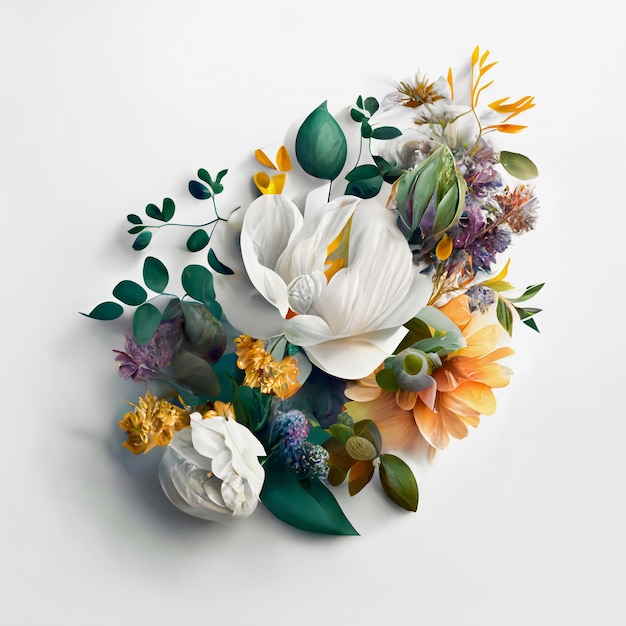 Assortment of leaves and flowers on white background