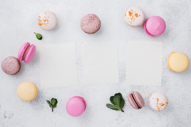 Assortment of macarons with mint