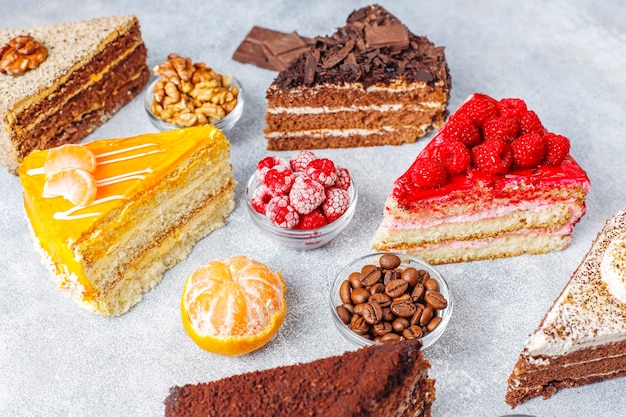 Assortment of pieces of cake.