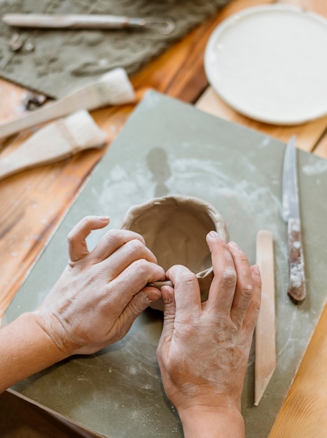 Assortment of pottery elements in workshop