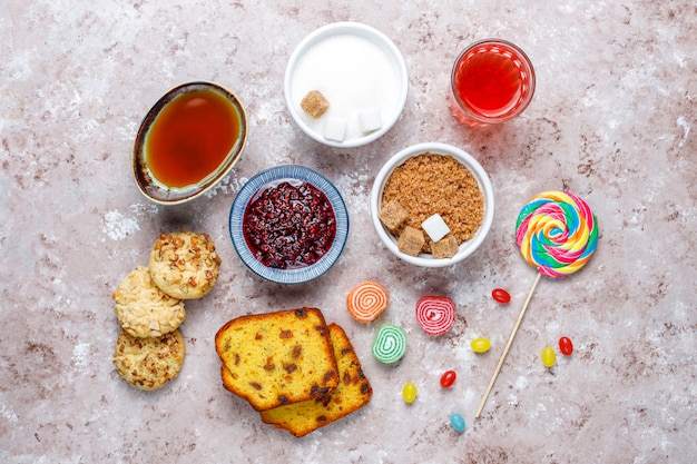 Free photo assortment of simple carbohydrates food on light table