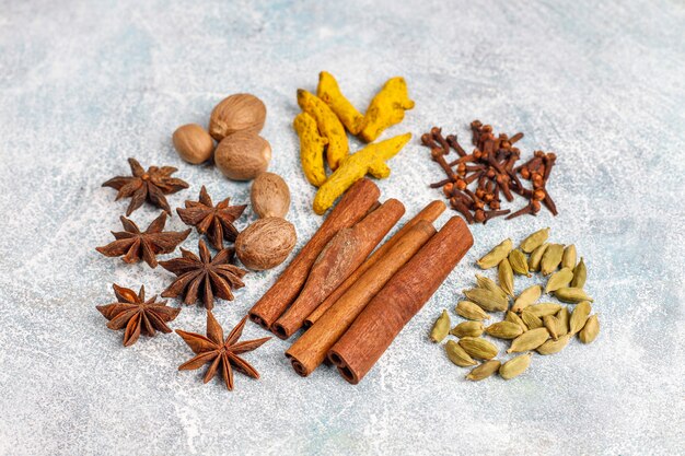 Assortment of winter spices.