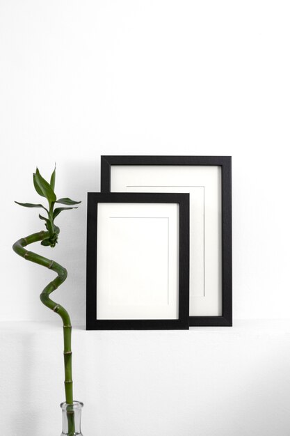 Assortment with empty frames on table