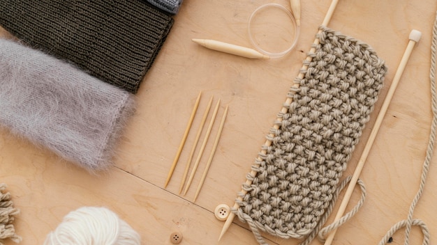 Assortment with knitting tools flat lay