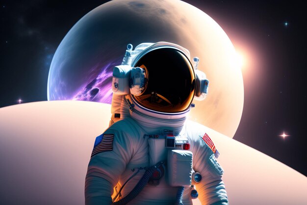 An astronaut in front of a planet with the sun behind him.