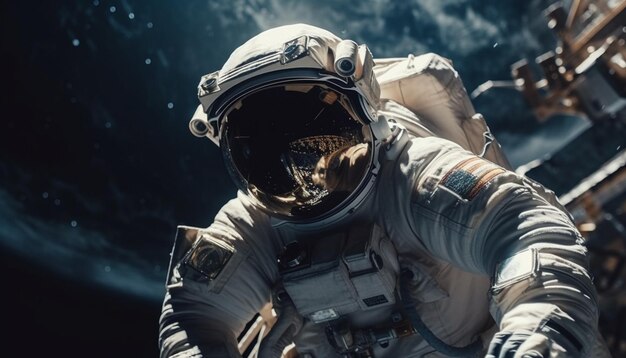 The astronaut in a futuristic suit explores the galaxy outdoors generated by AI