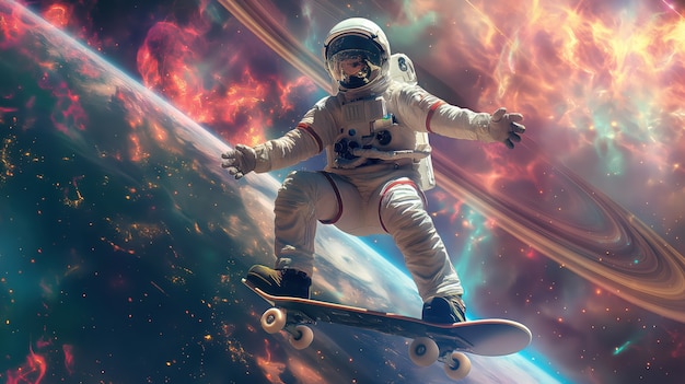 Astronaut skateboarding on different planets in the space