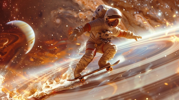 Free Photo astronaut skateboarding on different planets in the space