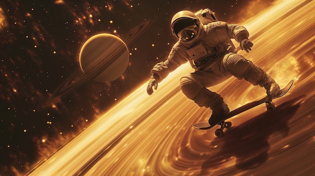 Free photo astronaut skateboarding on different planets in the space