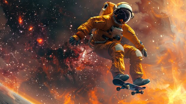 Astronaut skateboarding on different planets in the space