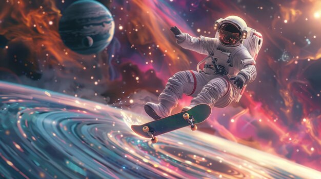 Astronaut skateboarding on different planets in the space