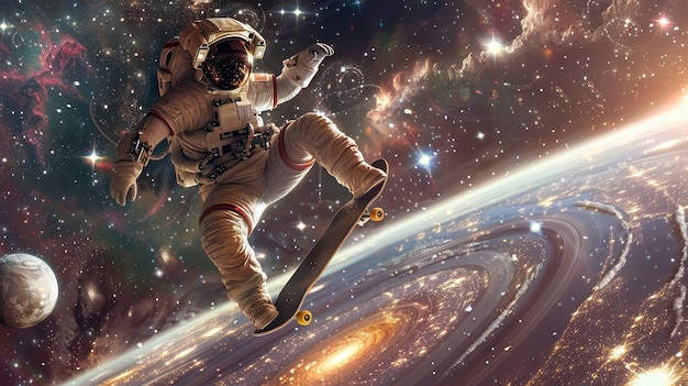 Free Photo astronaut skateboarding on different planets in the space