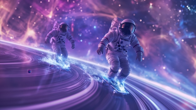 Free photo astronaut skateboarding on different planets in the space