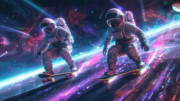 Astronaut skateboarding on different planets in the space