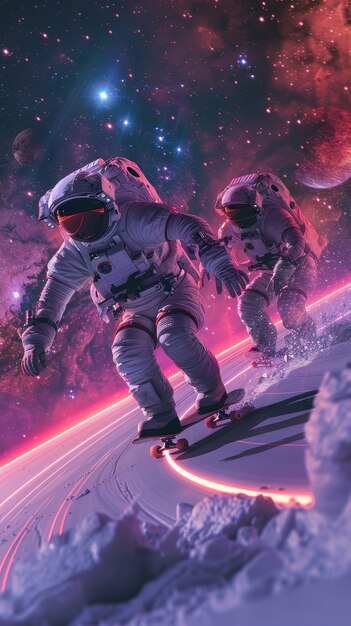 Astronaut skateboarding on different planets in the space