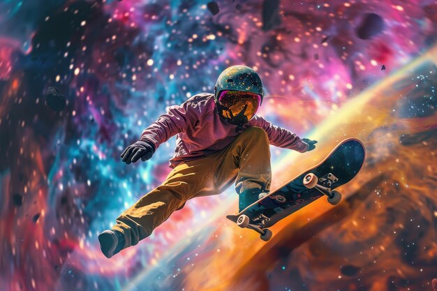 Astronaut skateboarding on different planets in the space