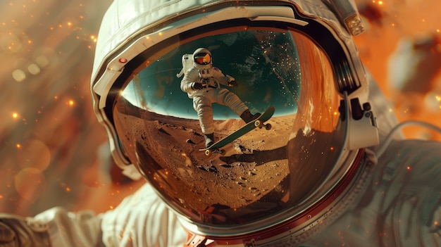 Free photo astronaut skateboarding on different planets in the space