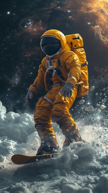 Astronaut with spacesuit on practicing snowboarding on the moon