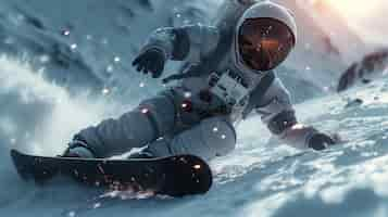 Free photo astronaut with spacesuit on practicing snowboarding on the moon