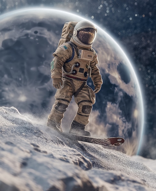 Free photo astronaut with spacesuit on practicing snowboarding on the moon