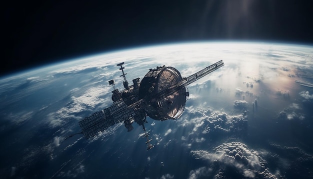 Astronauts explore the galaxy in a futuristic spaceship orbiting Earth generated by AI