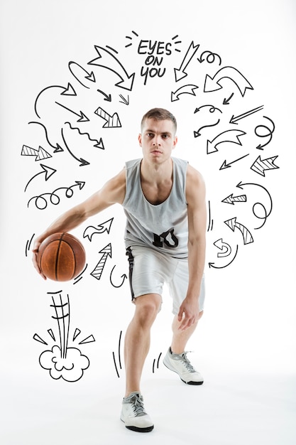 Free photo athlete playing sport with hand drawn doodles