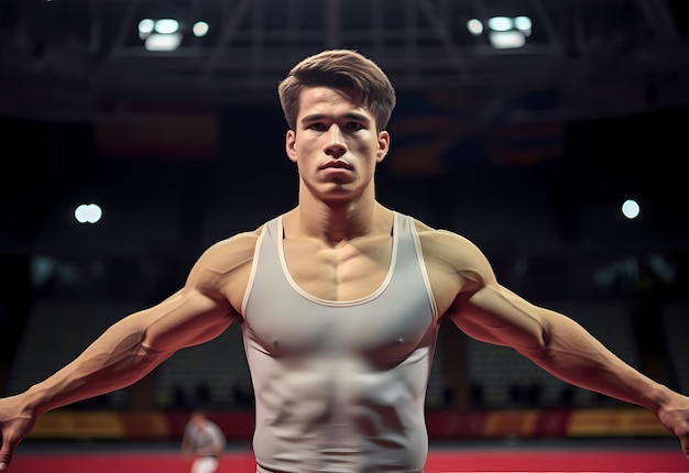 Athletic man keeping fit by practicing gymnastics