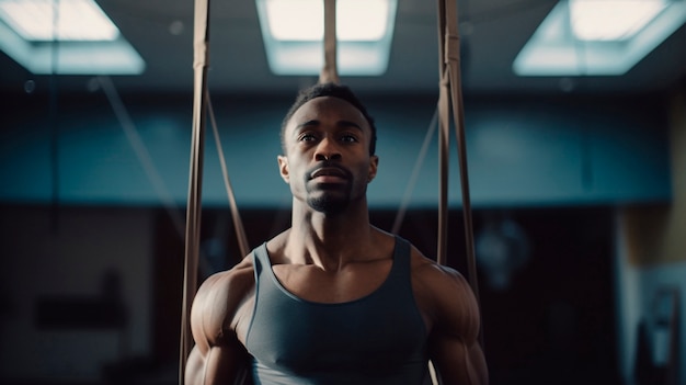 Athletic muscular man training in gymnastics at the gym