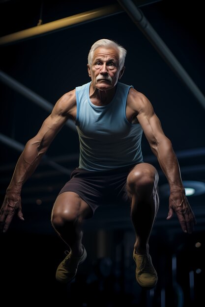 Athletic senior man keeping fit by practicing gymnastics