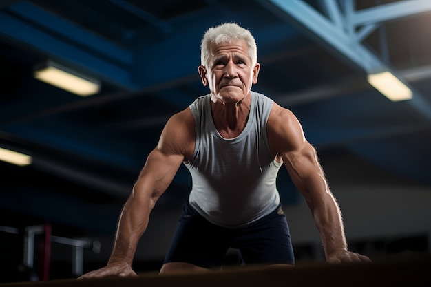 Free photo athletic senior man keeping fit by practicing gymnastics