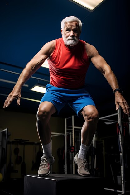 Athletic senior man keeping fit by practicing gymnastics