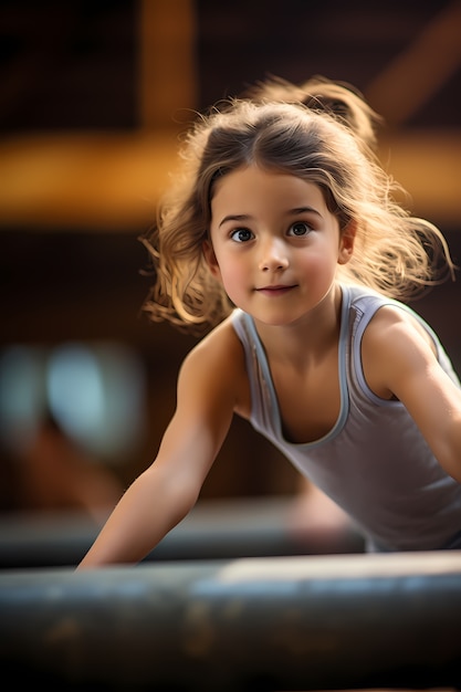 Free photo athletic young girl practicing gymnastics from an early age