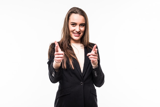 Attractive professional woman wearing black dress suite shows on you isolated on a white.