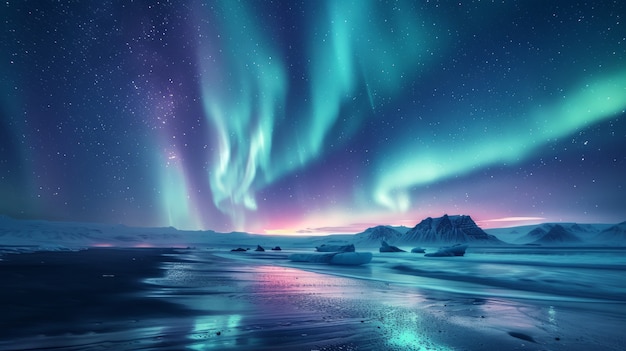 Free photo aurora borealis landscape over the sea